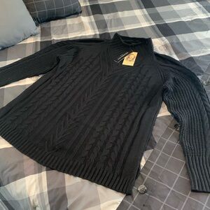 Black Cable Knit Philomena Petti New York Shoulder Slit Sweater